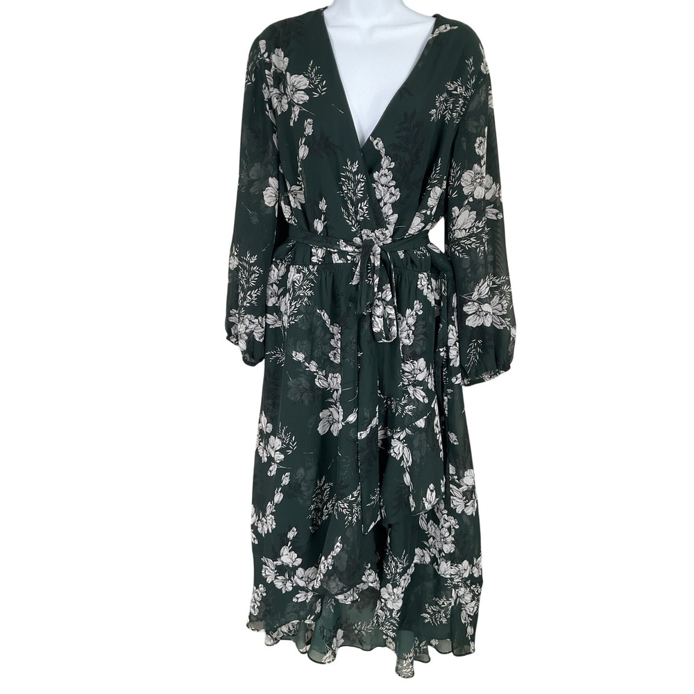 Lane Bryant Dress Womens 14 Green Floral Wrap High Low Ruffle‎ Midi Long Flowy